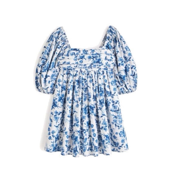 Abercrombie & Fitch Emerson Blue White Floral Puff Sleeve Mini Dress Babydoll S - Picture 2 of 14